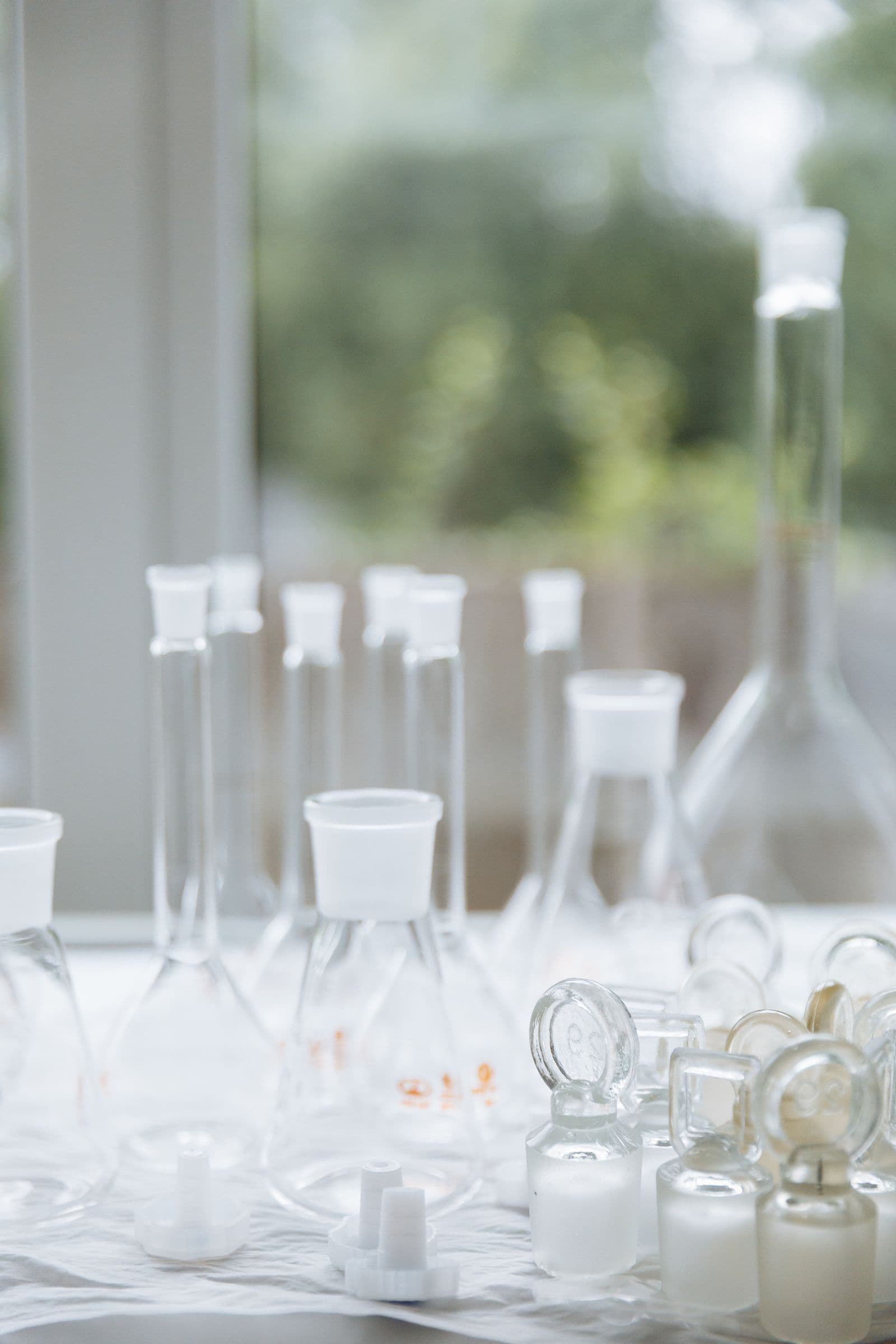 Glass laboratory equipment in a bright room